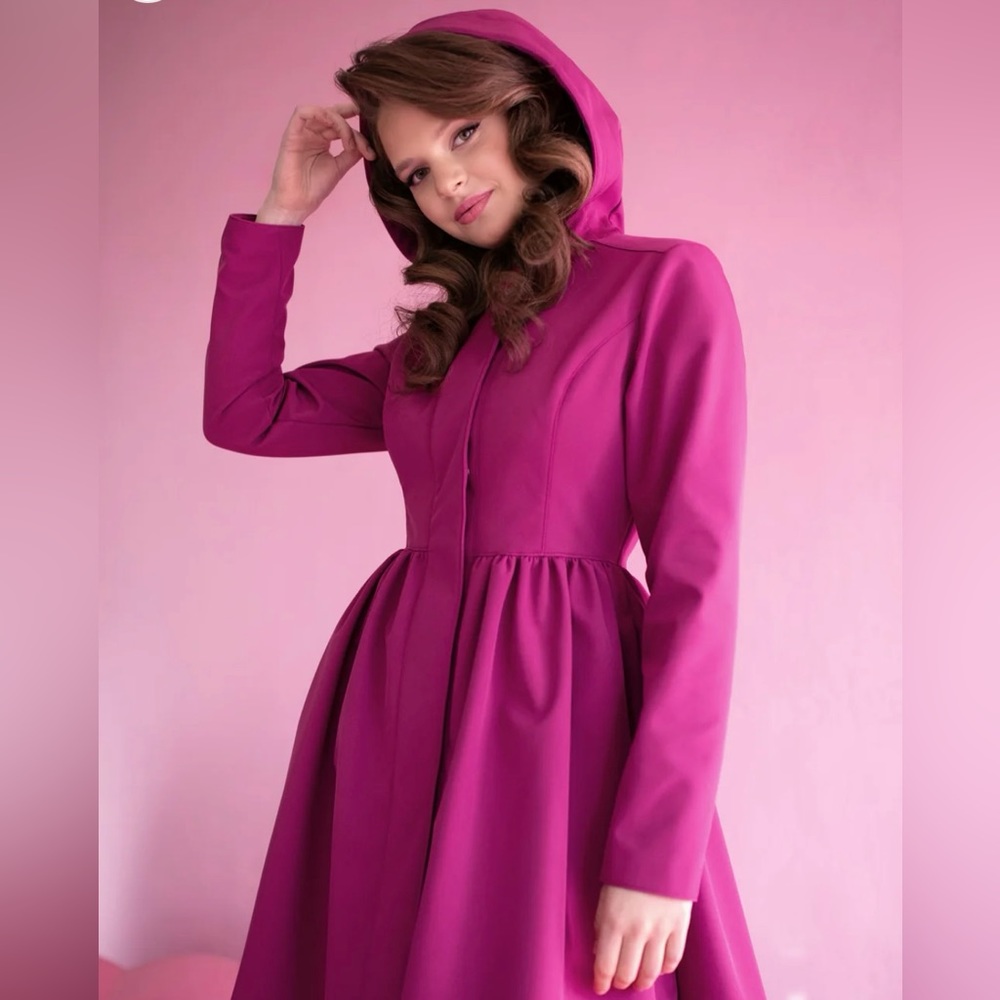 Women’s Fuchsia Pink Hooded Waterproof Button Up Peplum Rain Coat Dress